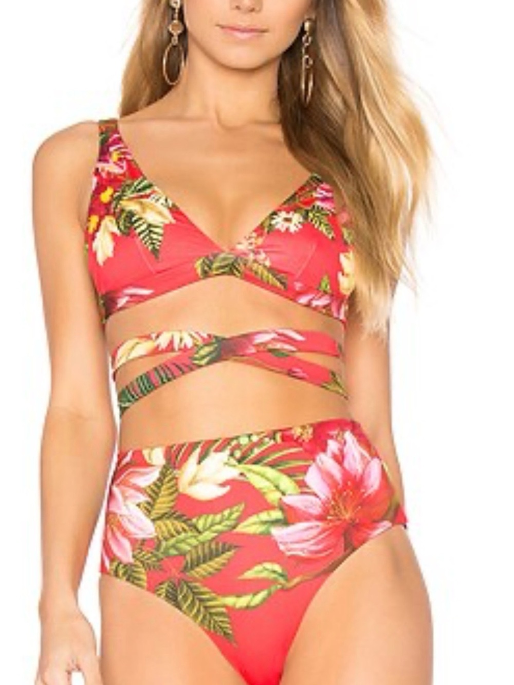 Agua Bendita Coral Floral Wrap High-Waist Bikini